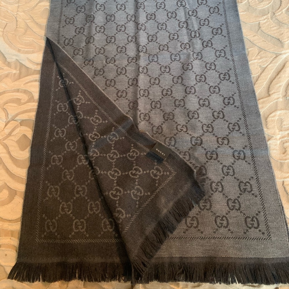 Gucci monogram logo wool silk scarf